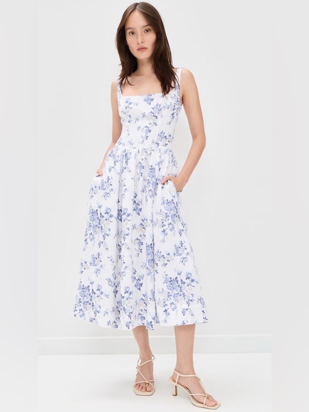 NEW Reformation Janu Midi Linen Dress Lana Floral Blue White | US 0 / UK 4